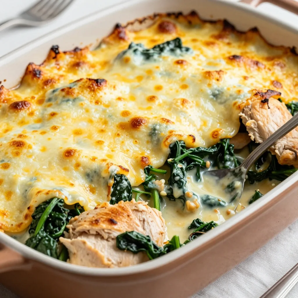 onepot chicken and spinach casserole with garlic and parmesan for dinner
