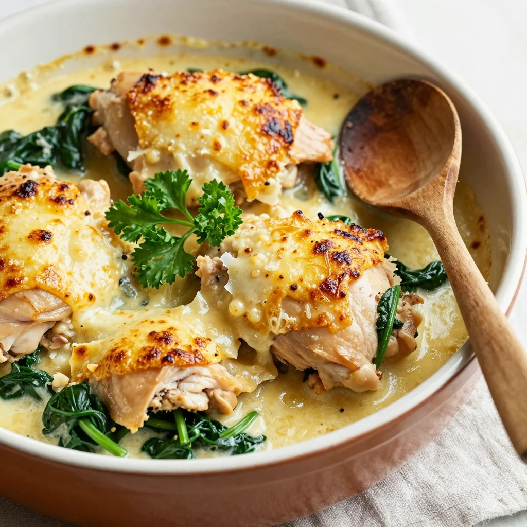 onepot chicken and spinach casserole with garlic and parmesan for dinner