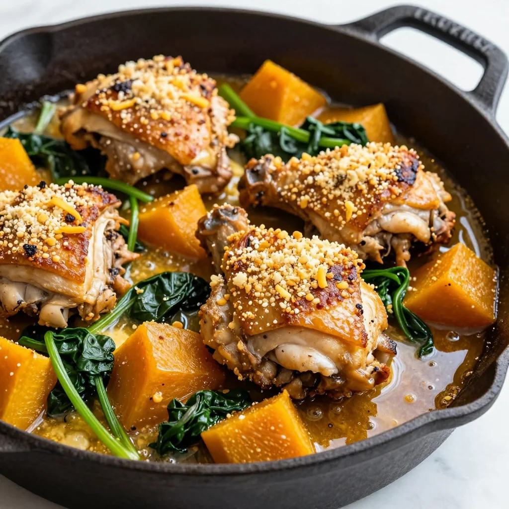 onepot chicken and winter squash casserole with spinach