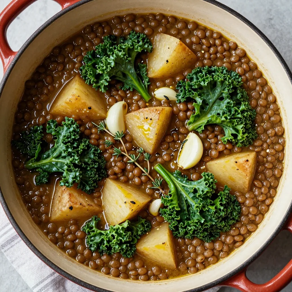 onepot garlic and herb lentil stew with turnips and kale for family suppers