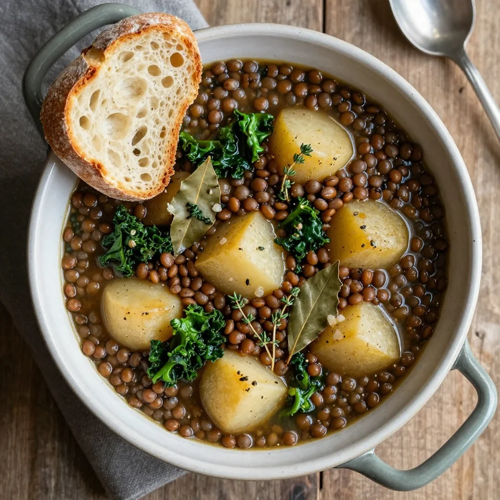 onepot garlic and herb lentil stew with turnips and kale for family suppers