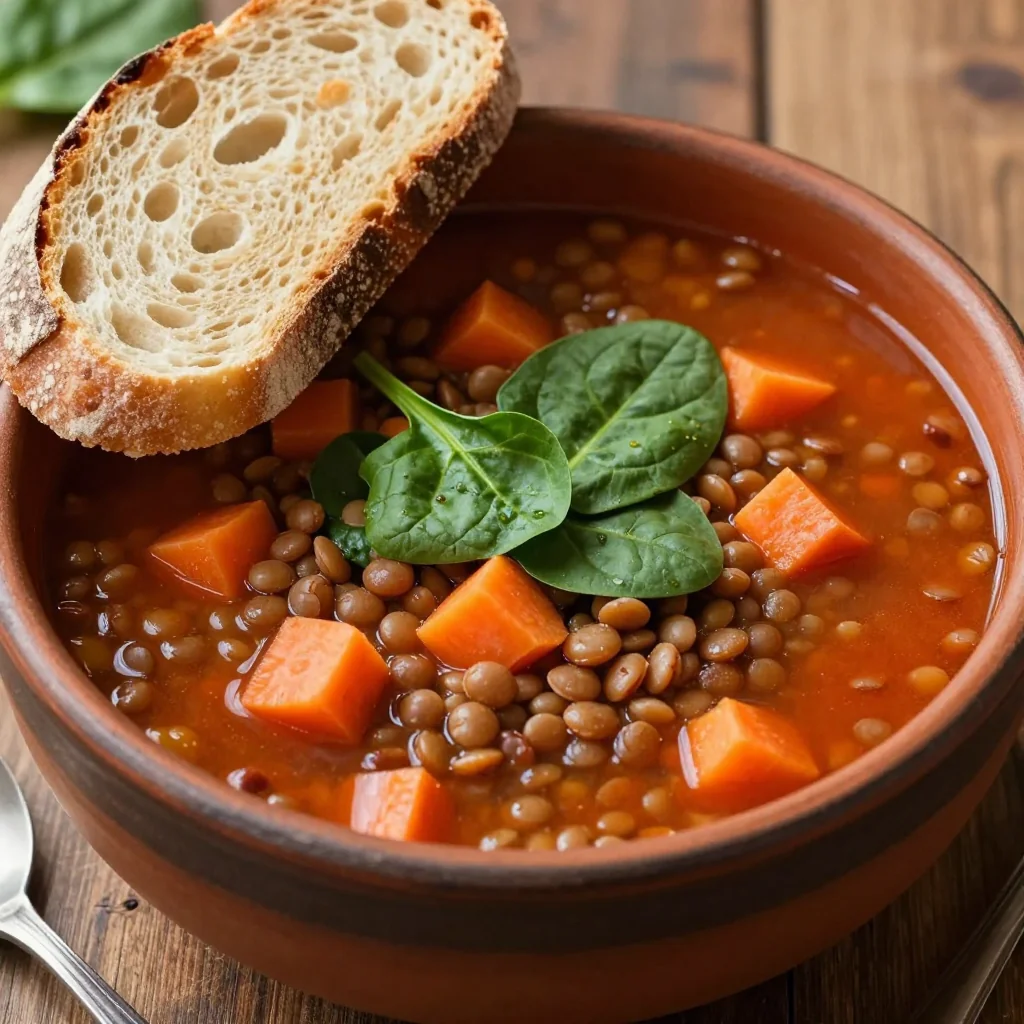onepot winter vegetable and lentil soup with spinach and carrots