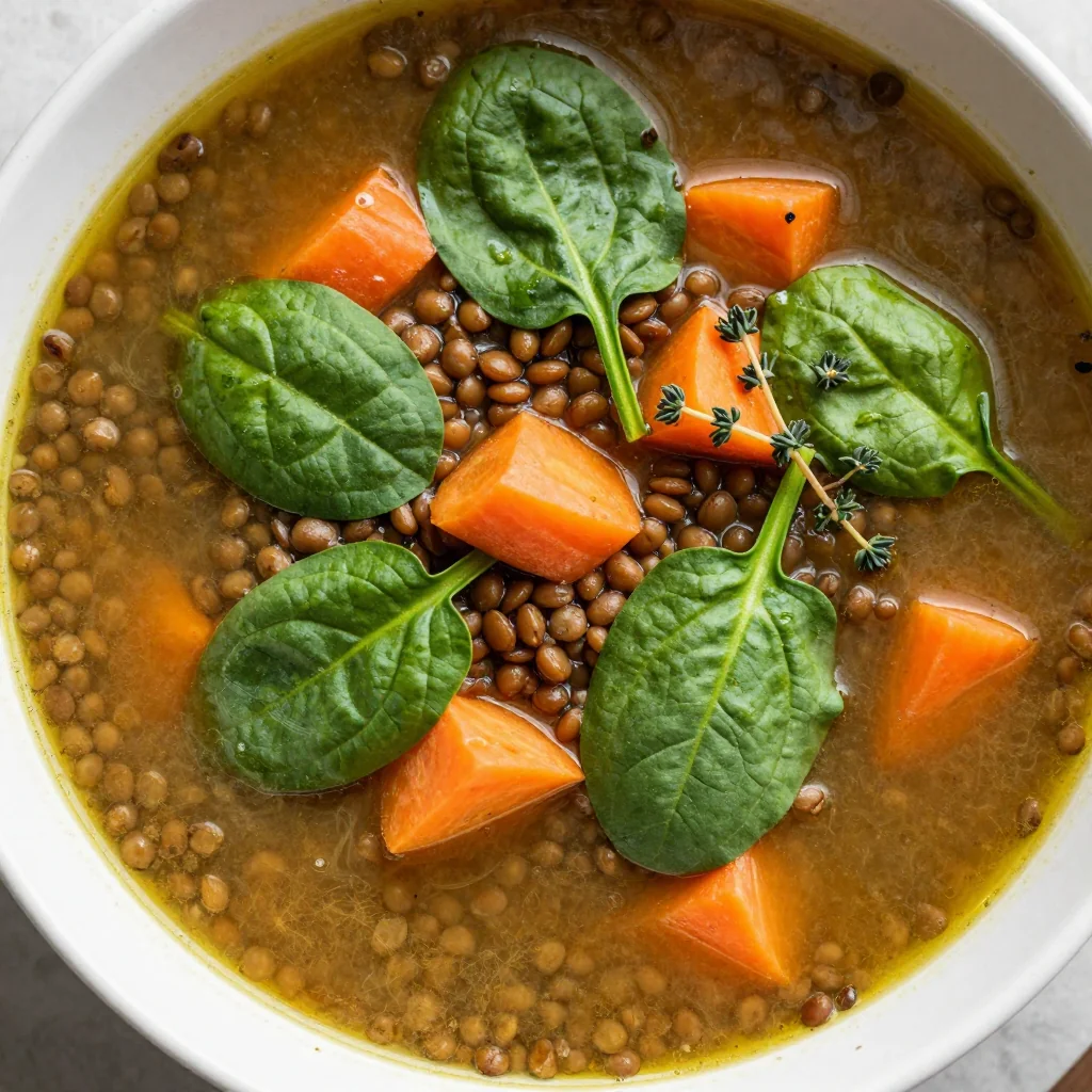 onepot winter vegetable and lentil soup with spinach and carrots