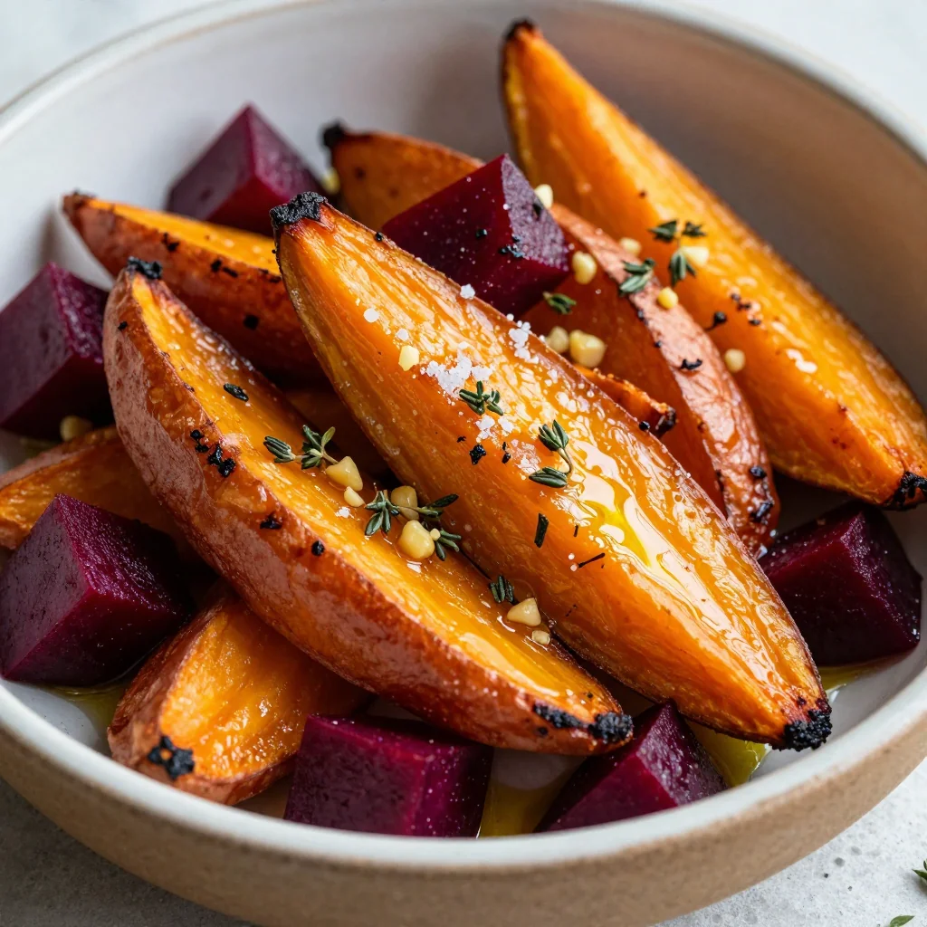 roasted sweet potato and beet medley with garlic for cold winter nights