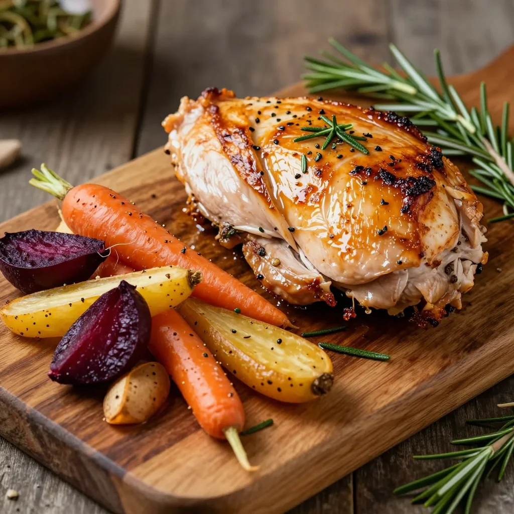 savory herb roasted turkey breast with root vegetables for january meals
