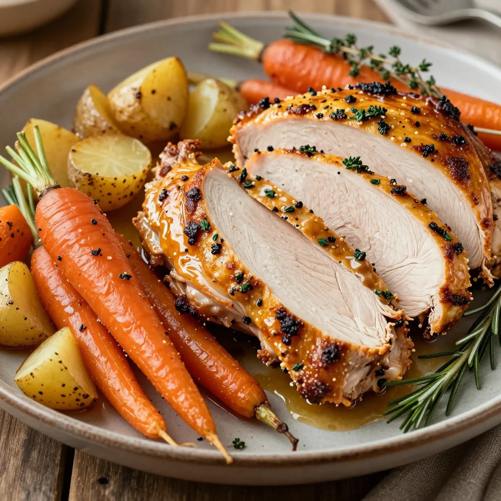 savory herb roasted turkey breast with root vegetables for january meals