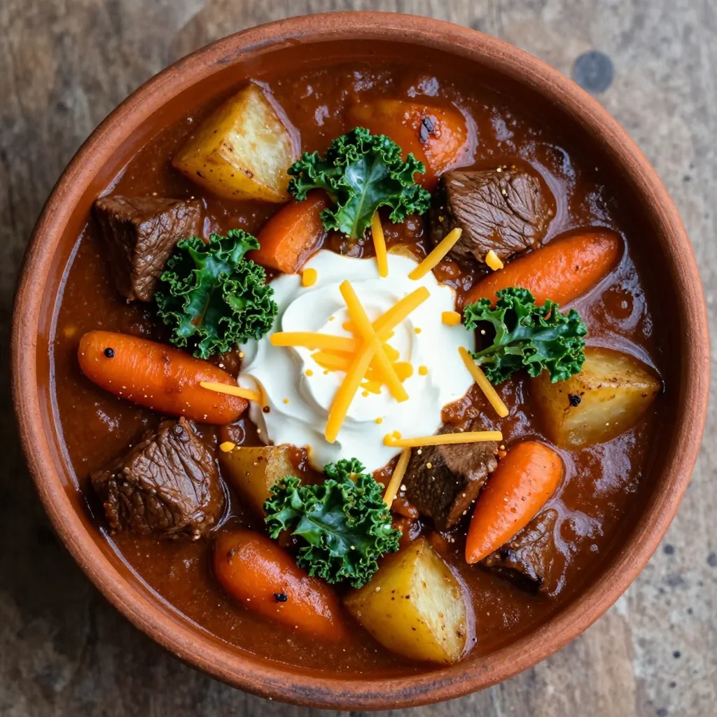 slow cooker beef and root vegetable chili with potatoes and kale