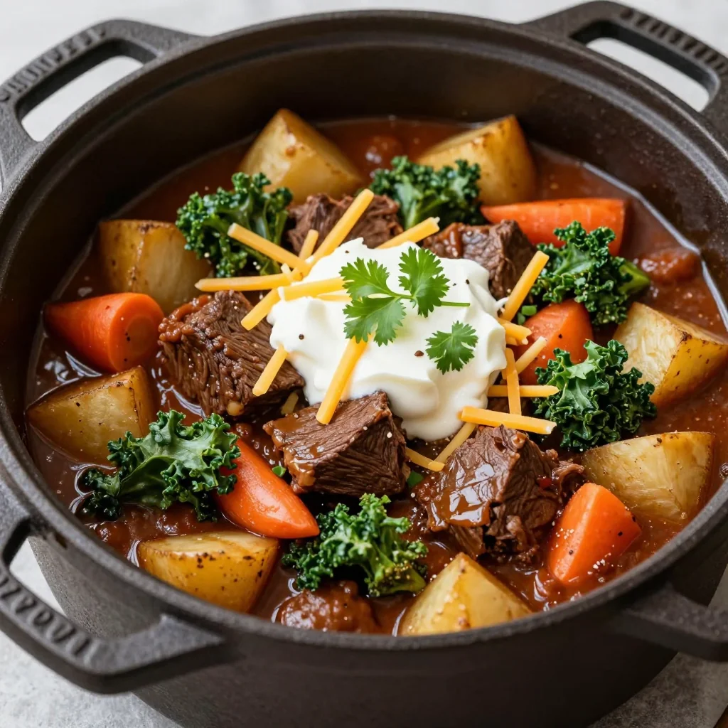 slow cooker beef and root vegetable chili with potatoes and kale