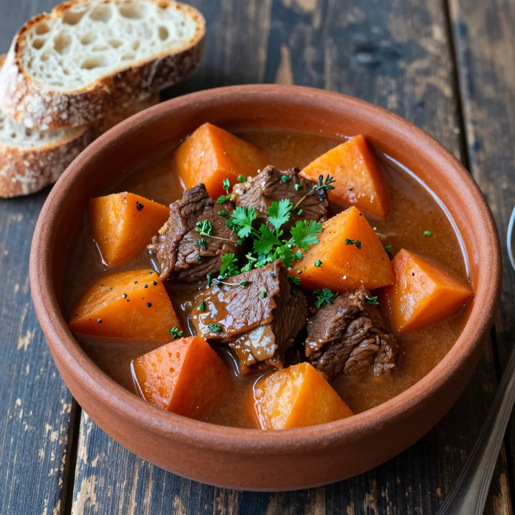 slow cooker beef and sweet potato stew with fresh herbs