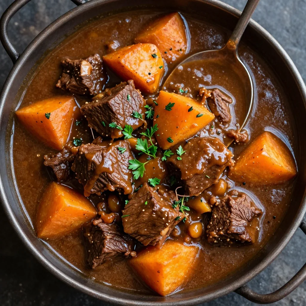 slow cooker beef and sweet potato stew with fresh herbs