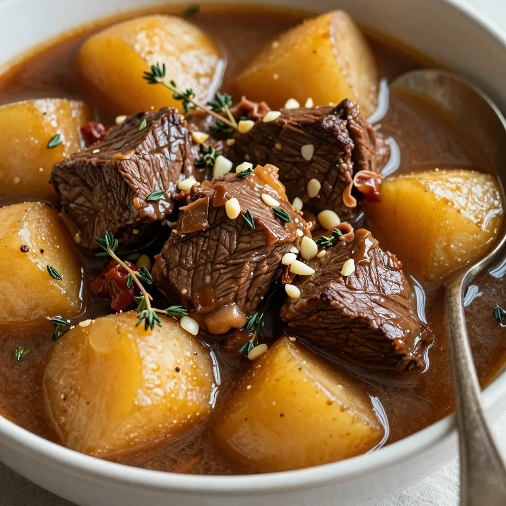 slow cooker beef and turnip stew with garlic and fresh thyme