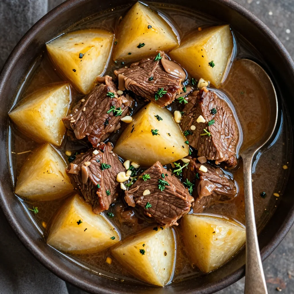 slow cooker beef and turnip stew with garlic and fresh thyme