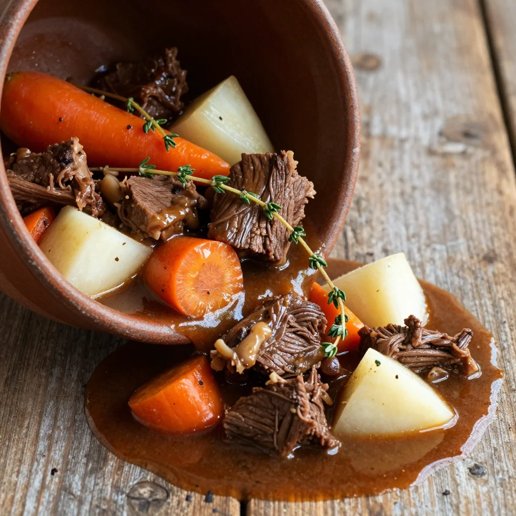 slow cooker beef and turnip stew with root vegetables and thyme