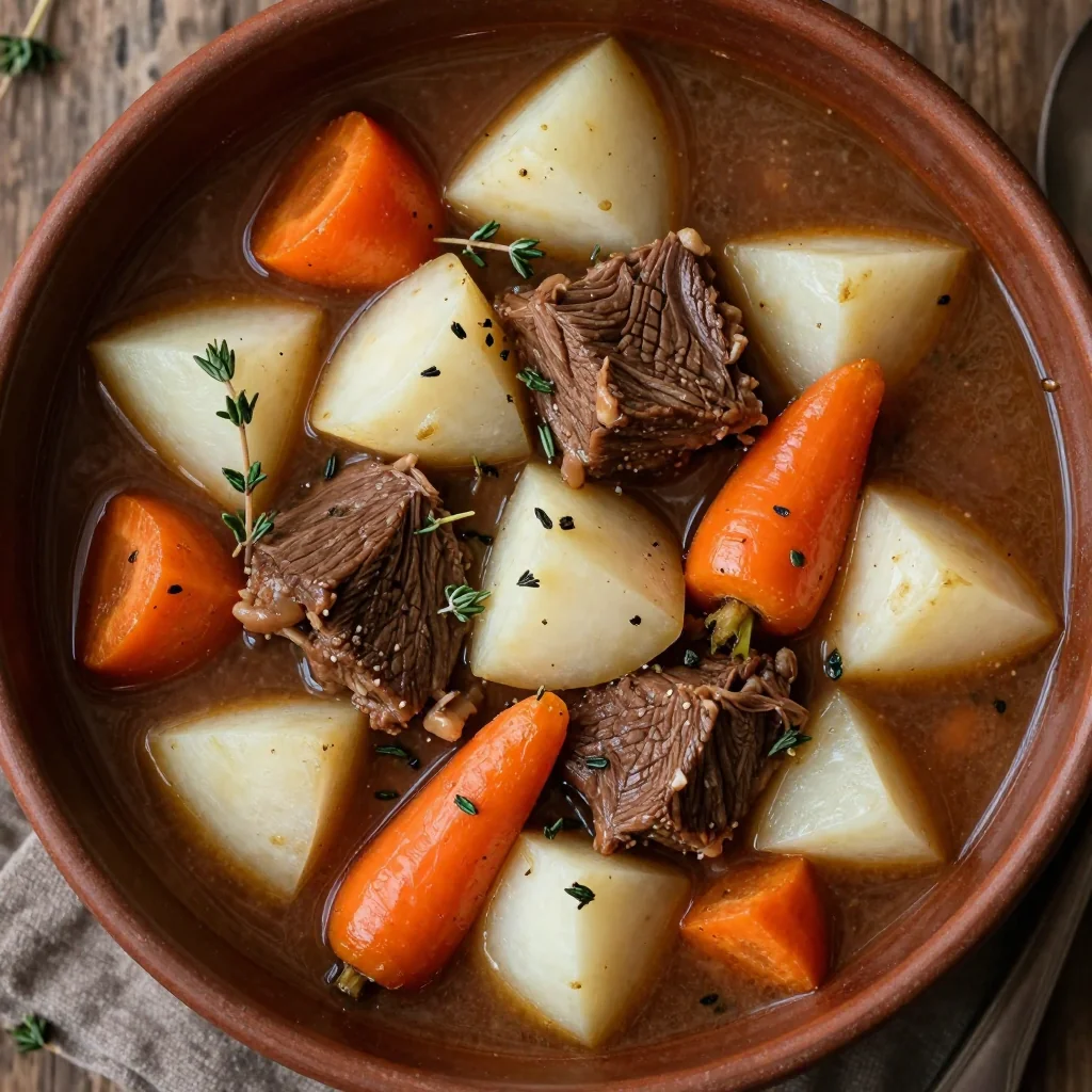 slow cooker beef and turnip stew with root vegetables and thyme