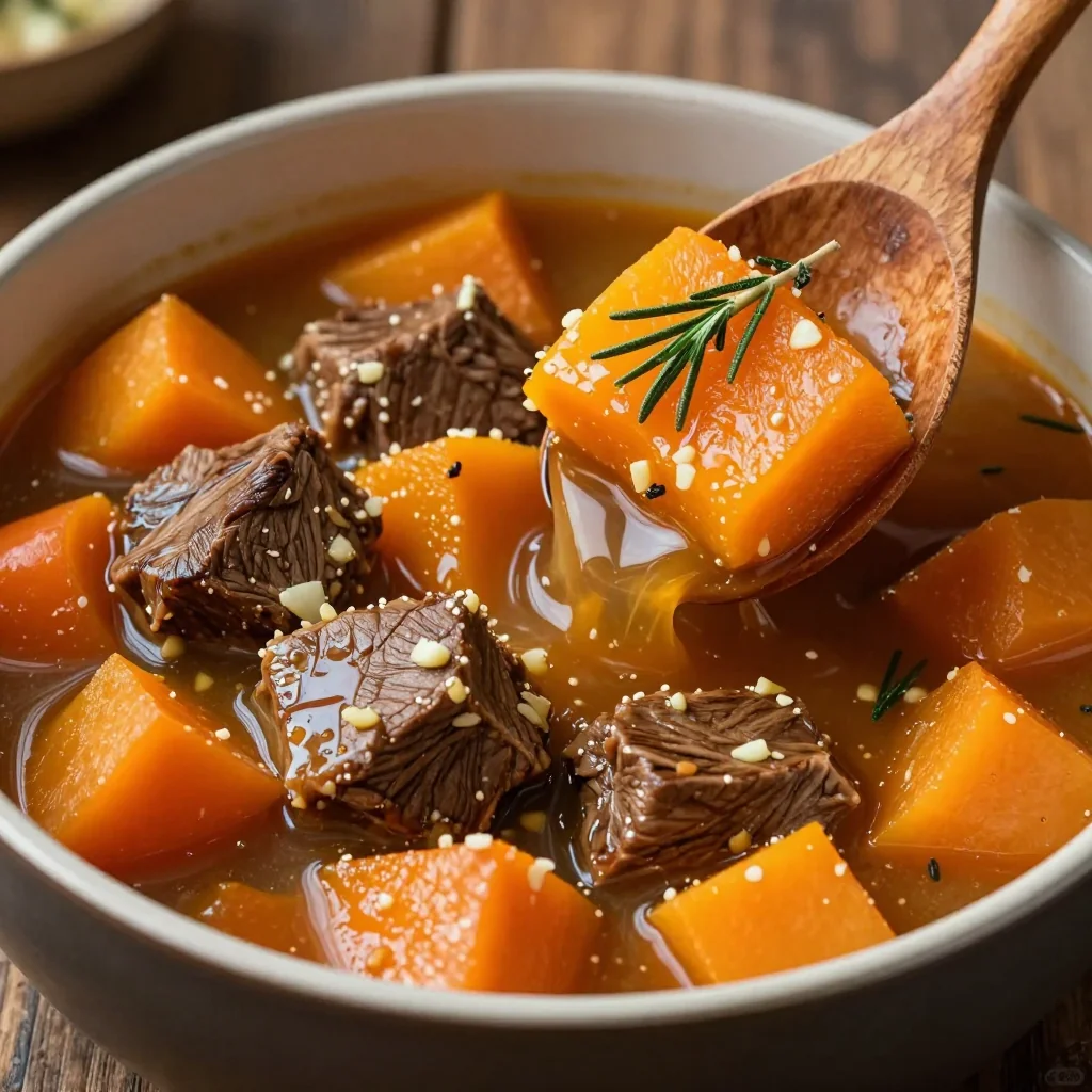 slow cooker beef and winter squash stew with garlic and herbs for warmth