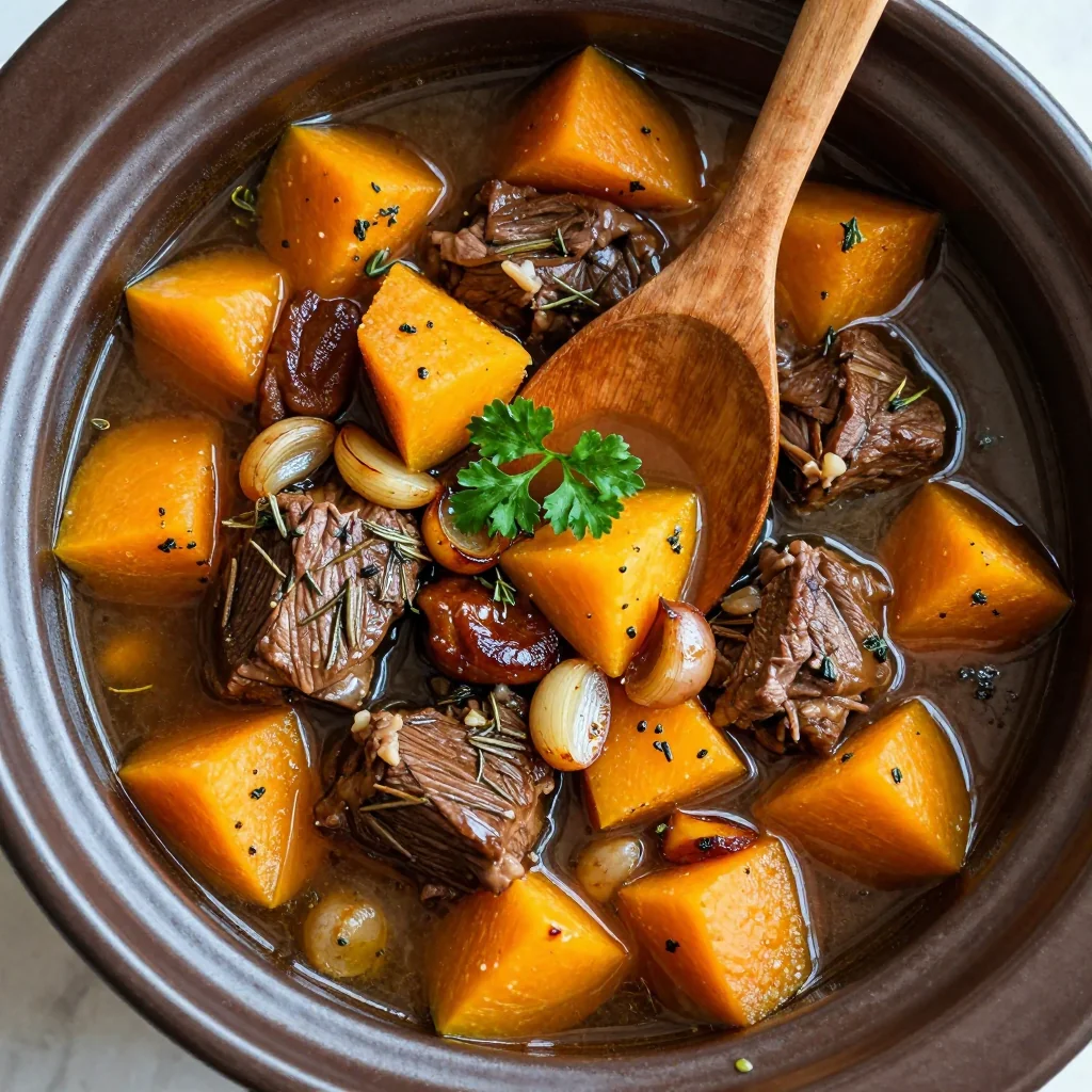 slow cooker beef and winter squash stew with garlic and herbs for warmth