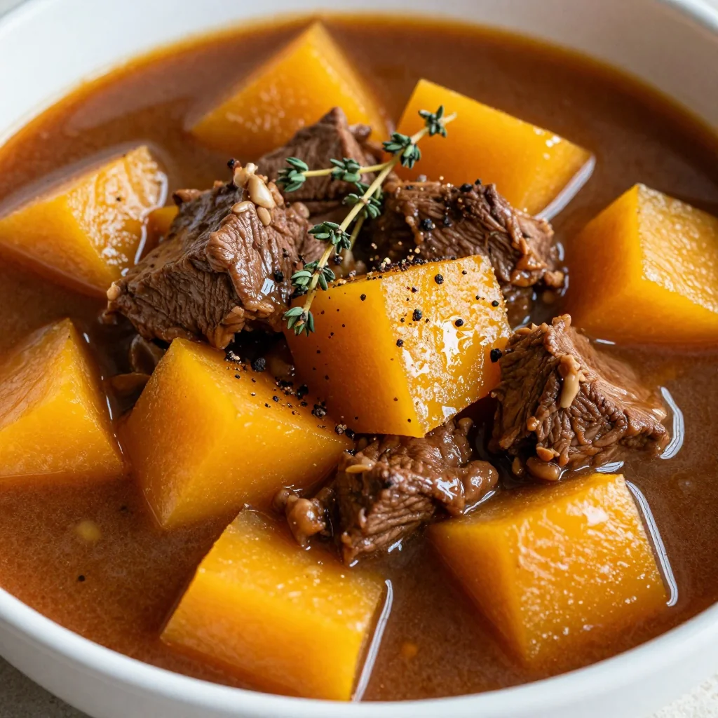 slow cooker beef and winter squash stew with garlic for comforting dinners