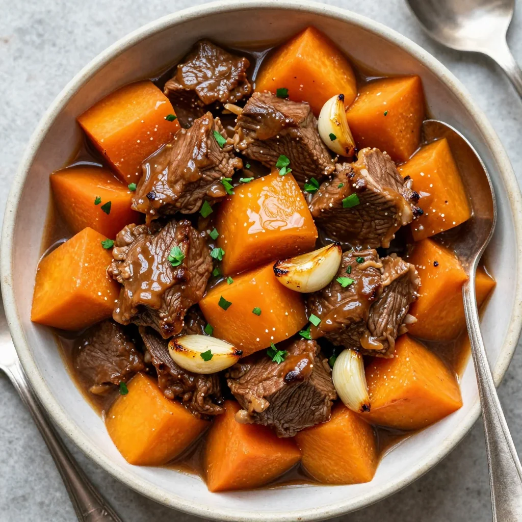 slow cooker beef and winter squash stew with garlic for comforting dinners