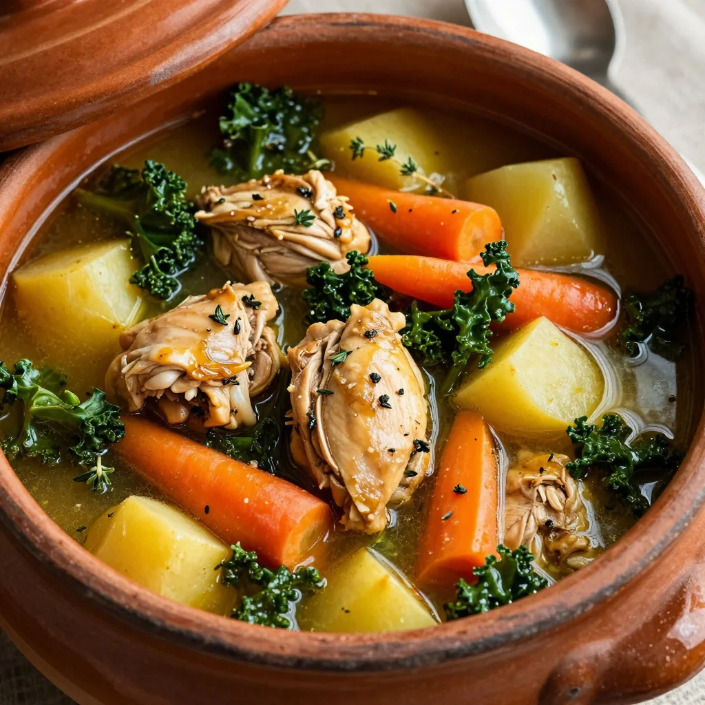 slow cooker chicken and kale stew with root vegetables for dinner