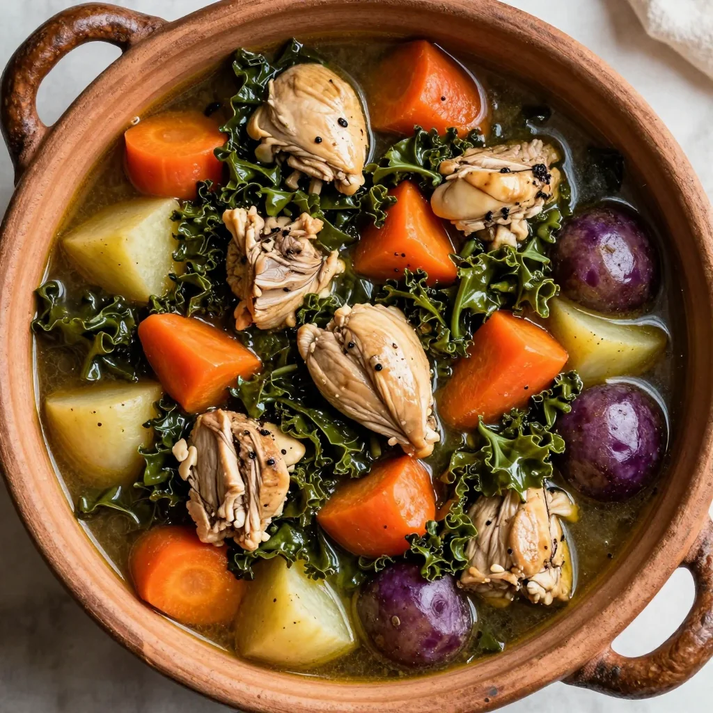 slow cooker chicken and kale stew with root vegetables for dinner