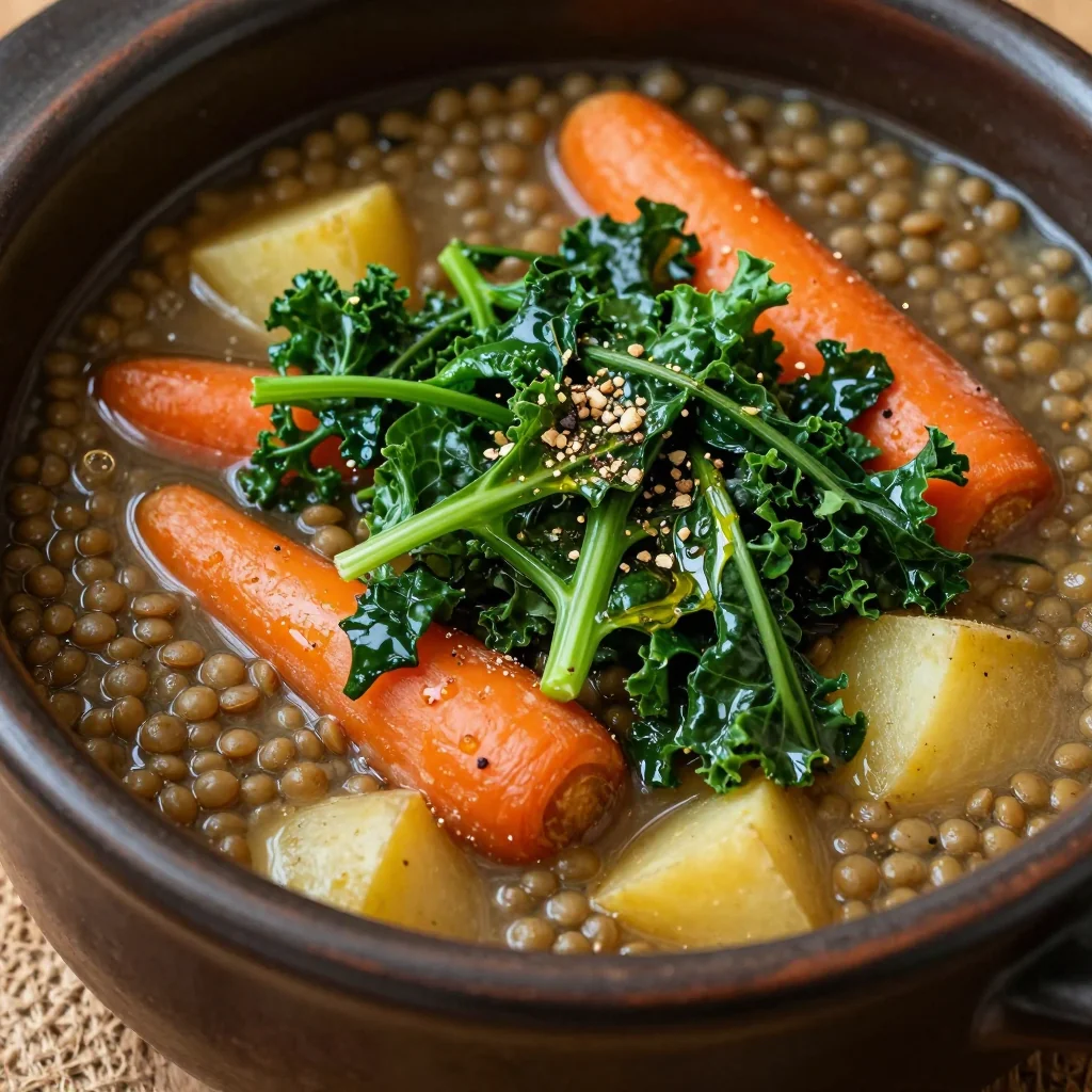 slow cooker lentil soup with carrots potatoes and fresh winter greens