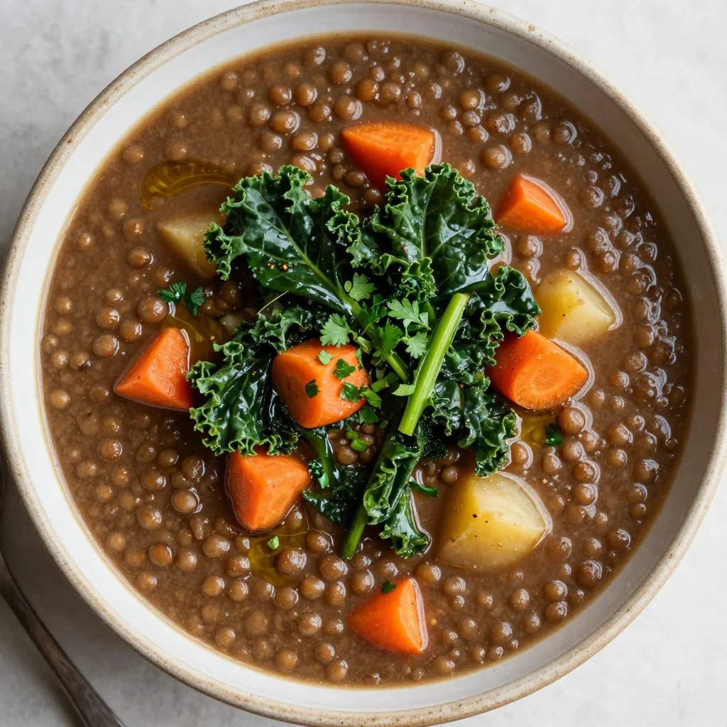 slow cooker lentil soup with carrots potatoes and fresh winter greens