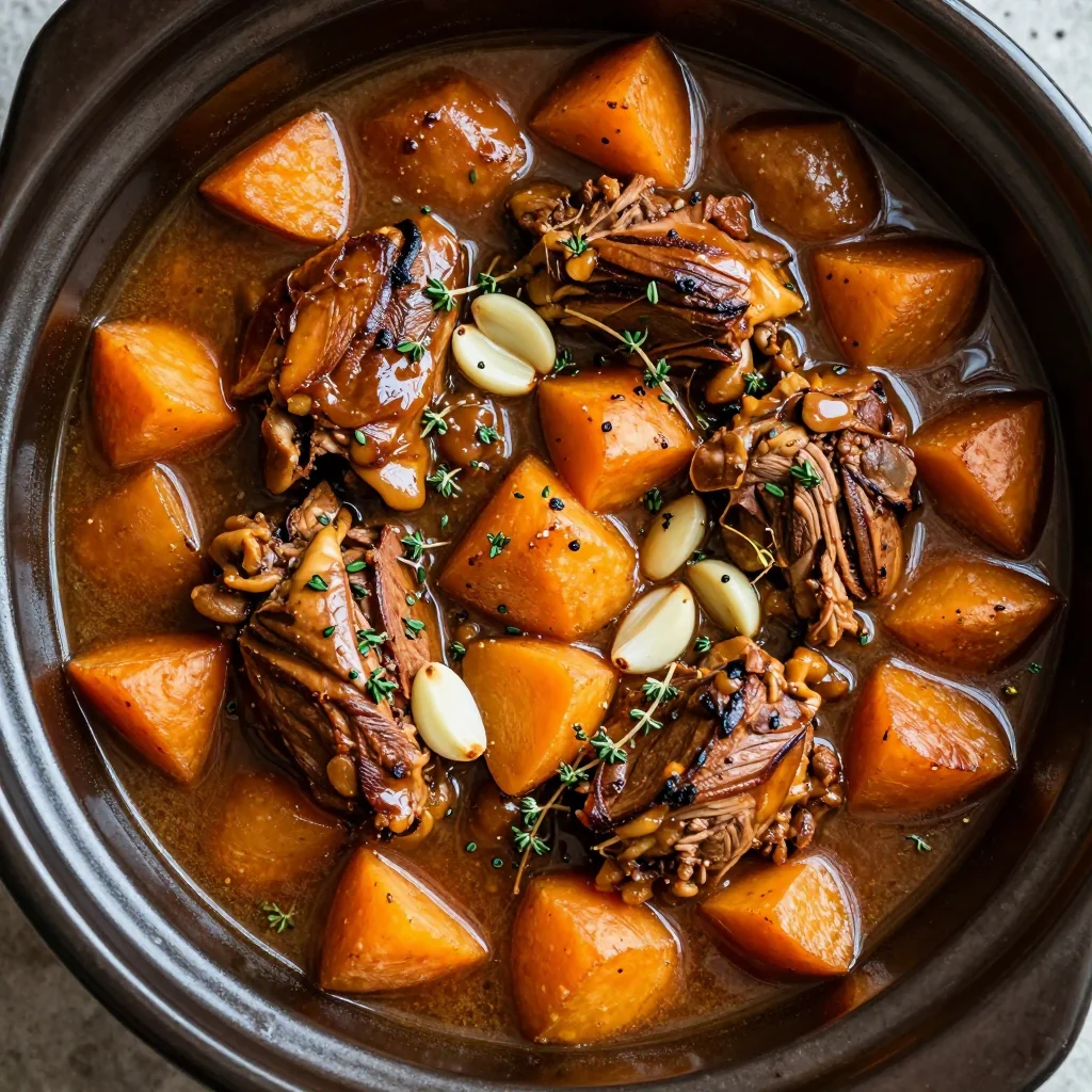 slow cooker turkey stew with sweet potatoes and garlic for family meals