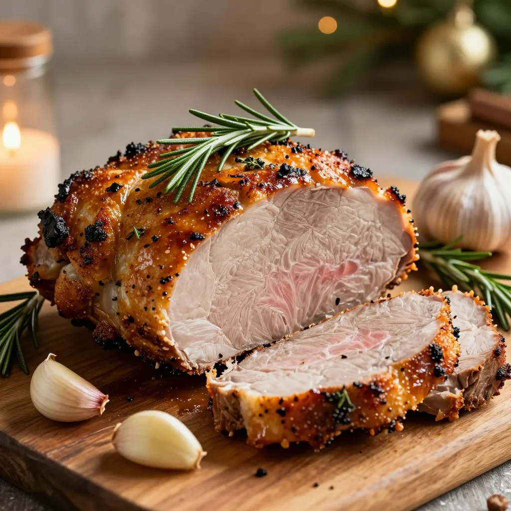 slow roasted pork loin with rosemary and garlic for christmas