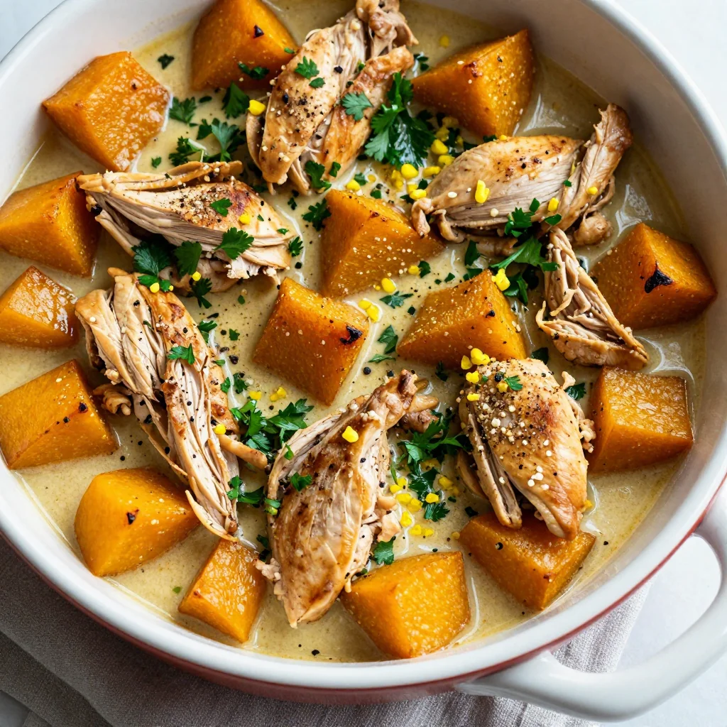 slowcooked chicken and winter squash casserole with garlic and lemon zest