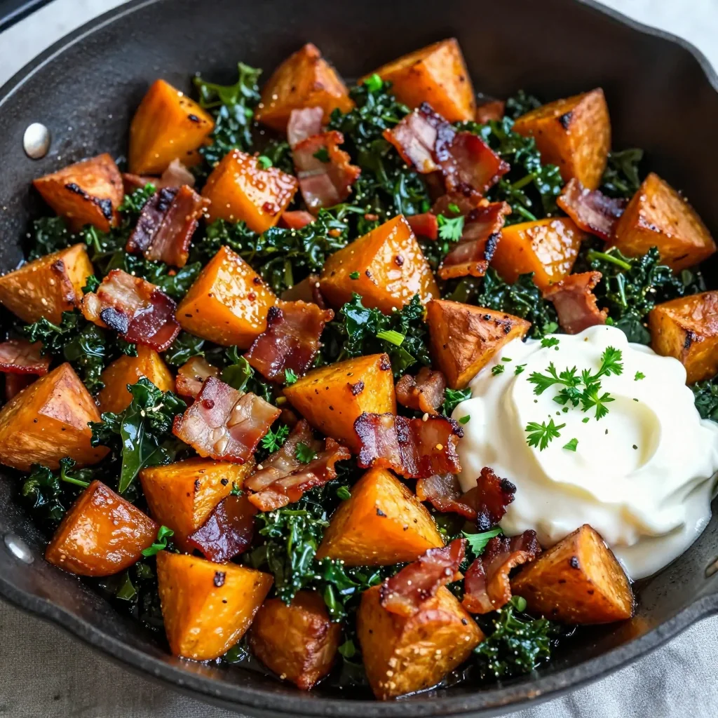 sweet potato and bacon hash with kale for hearty holiday brunch