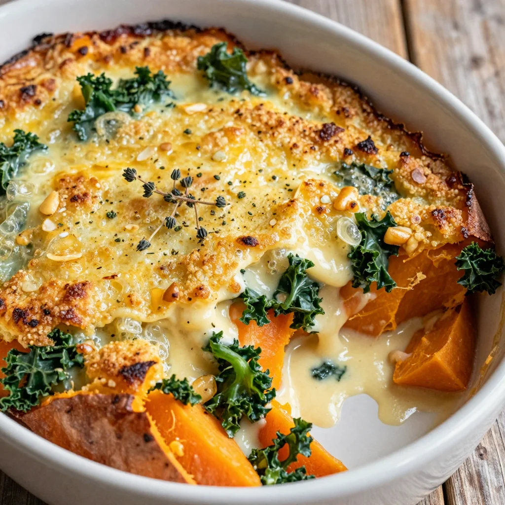 sweet potato and kale gratin with garlic herb crust for holidays