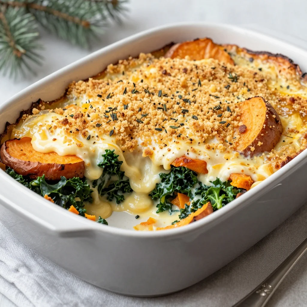 sweet potato and kale gratin with garlic herb crust for holidays