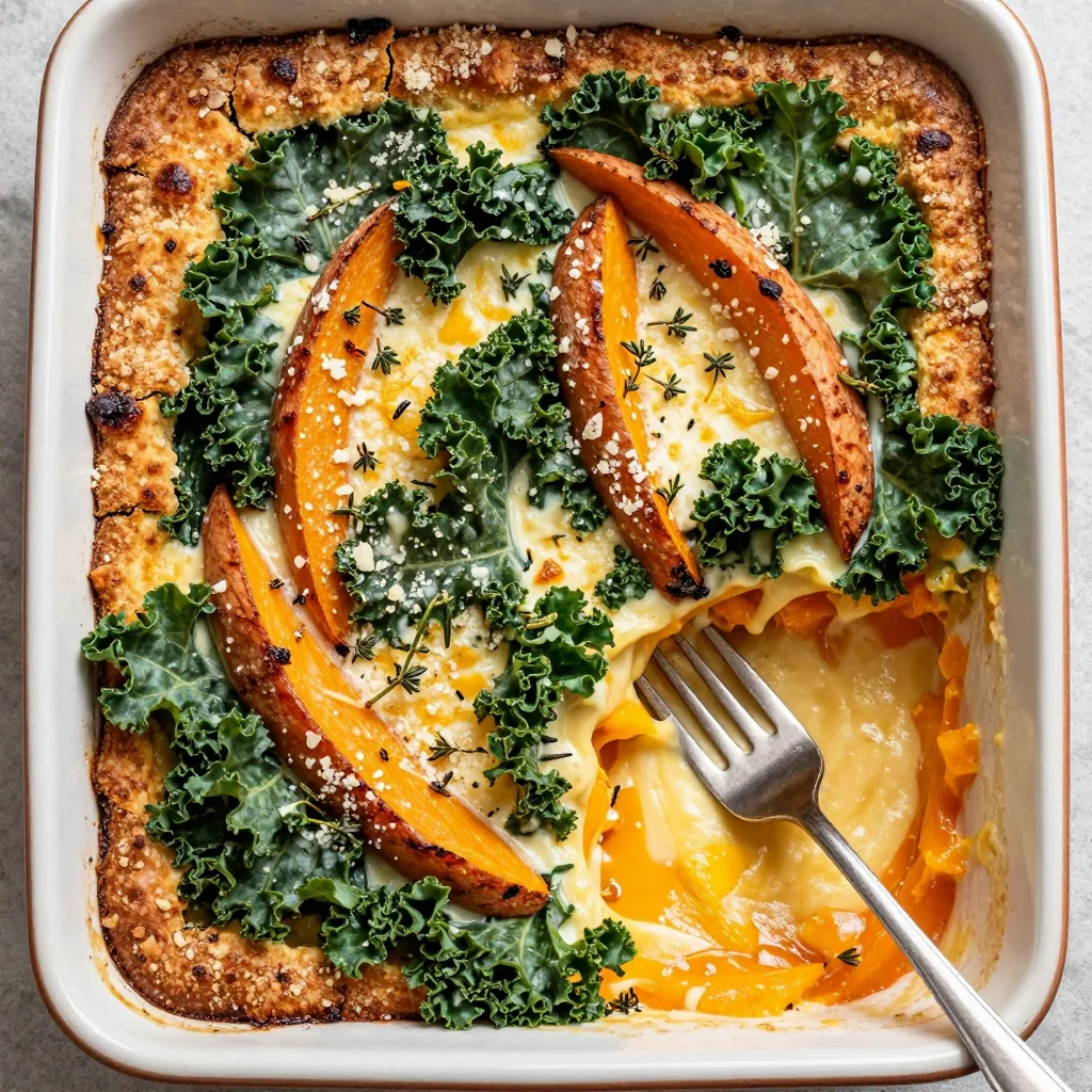 sweet potato and kale gratin with garlic herb crust for winter suppers