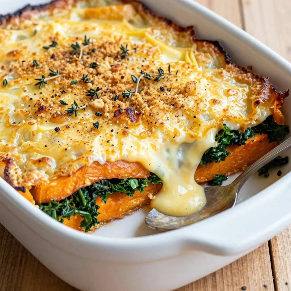 sweet potato and kale gratin with garlic herb crust for winter suppers