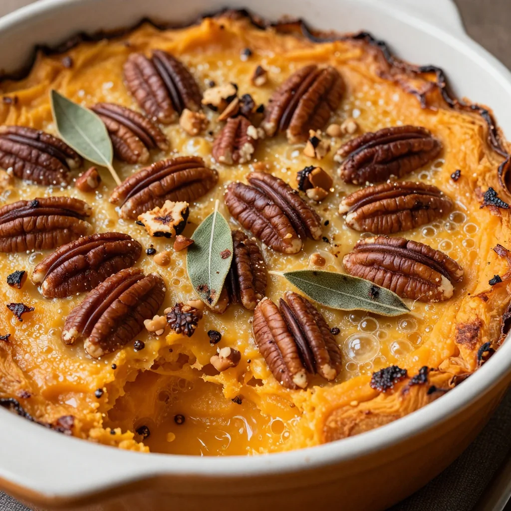 sweet potato and sage casserole with pecan crunch topping