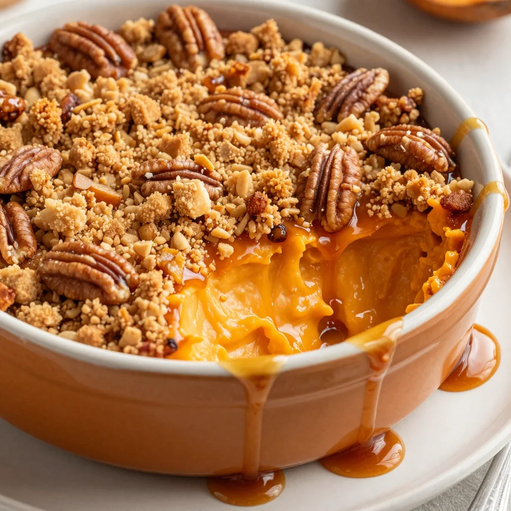 sweet potato casserole with pecan streusel and maple glaze for holiday feasts