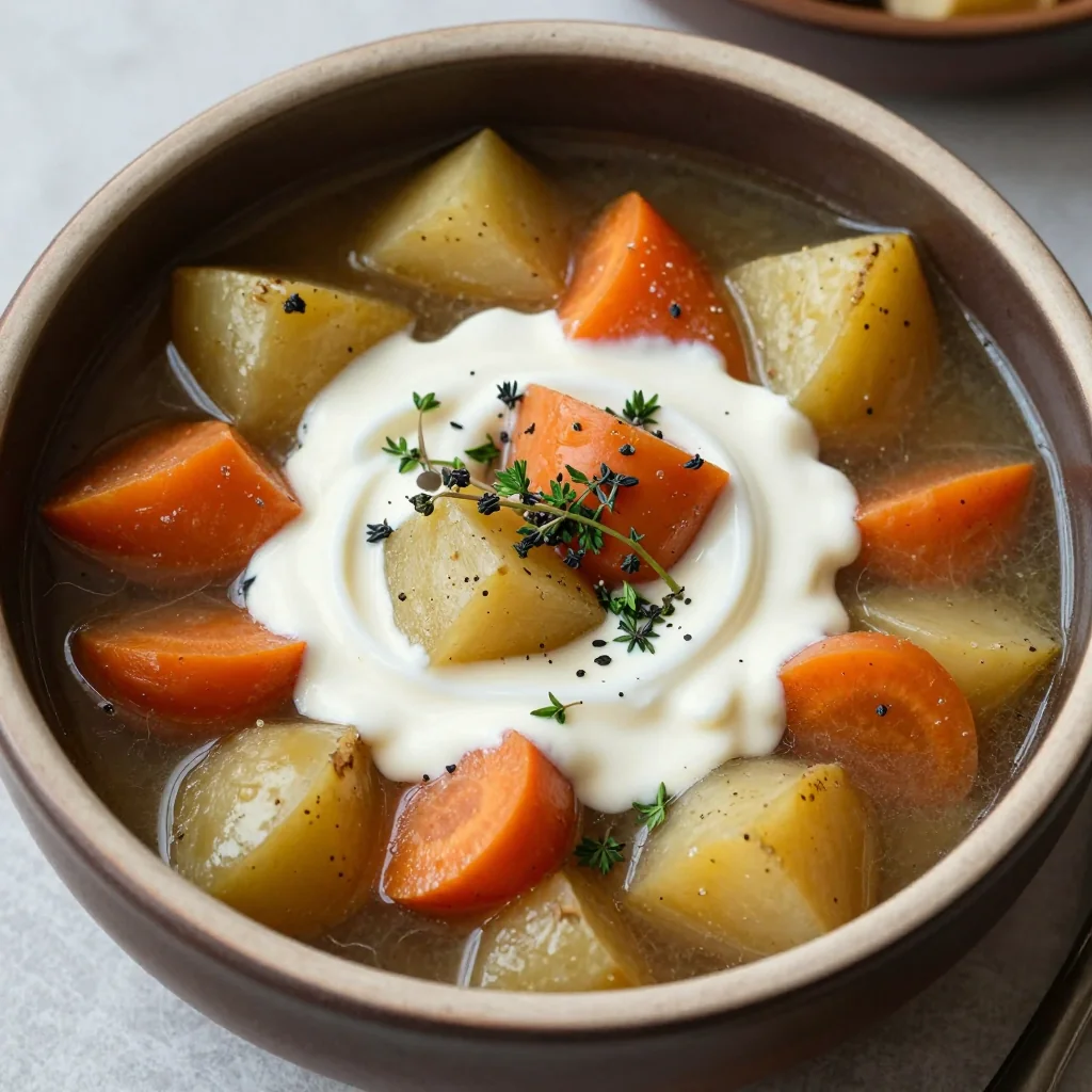 vegetarian winter stew with root vegetables and herbs