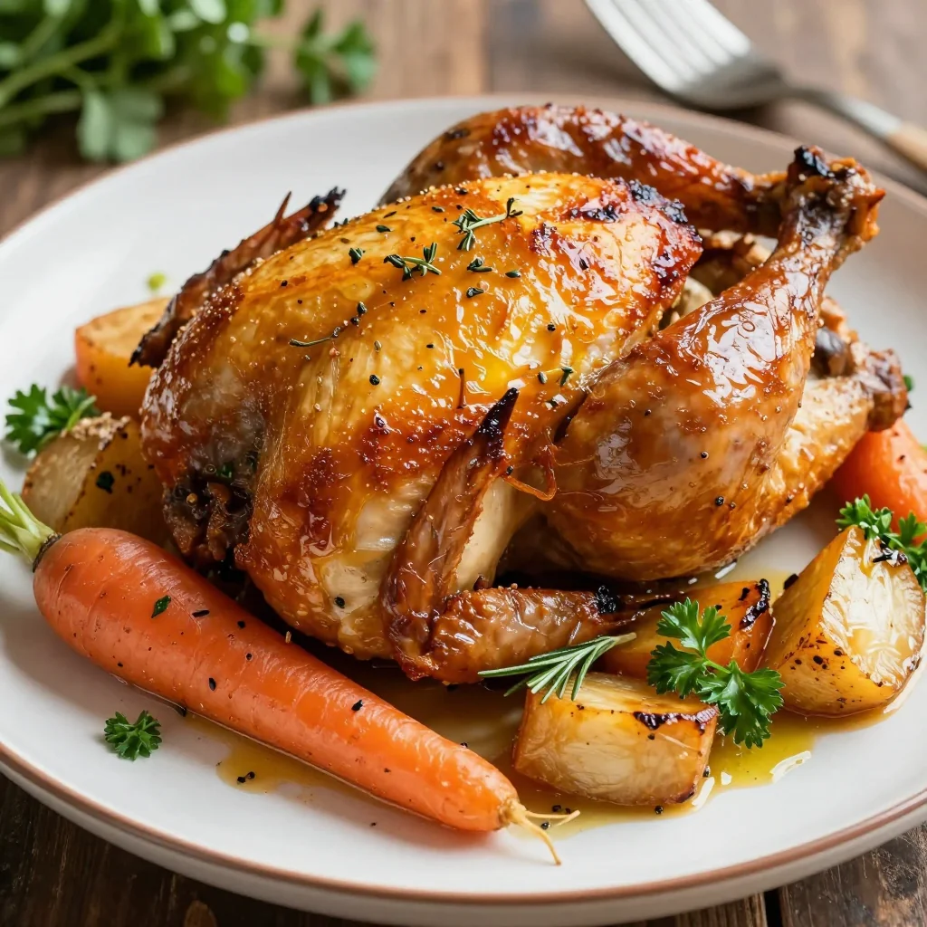 warm citrus and herb roasted chicken with winter vegetables