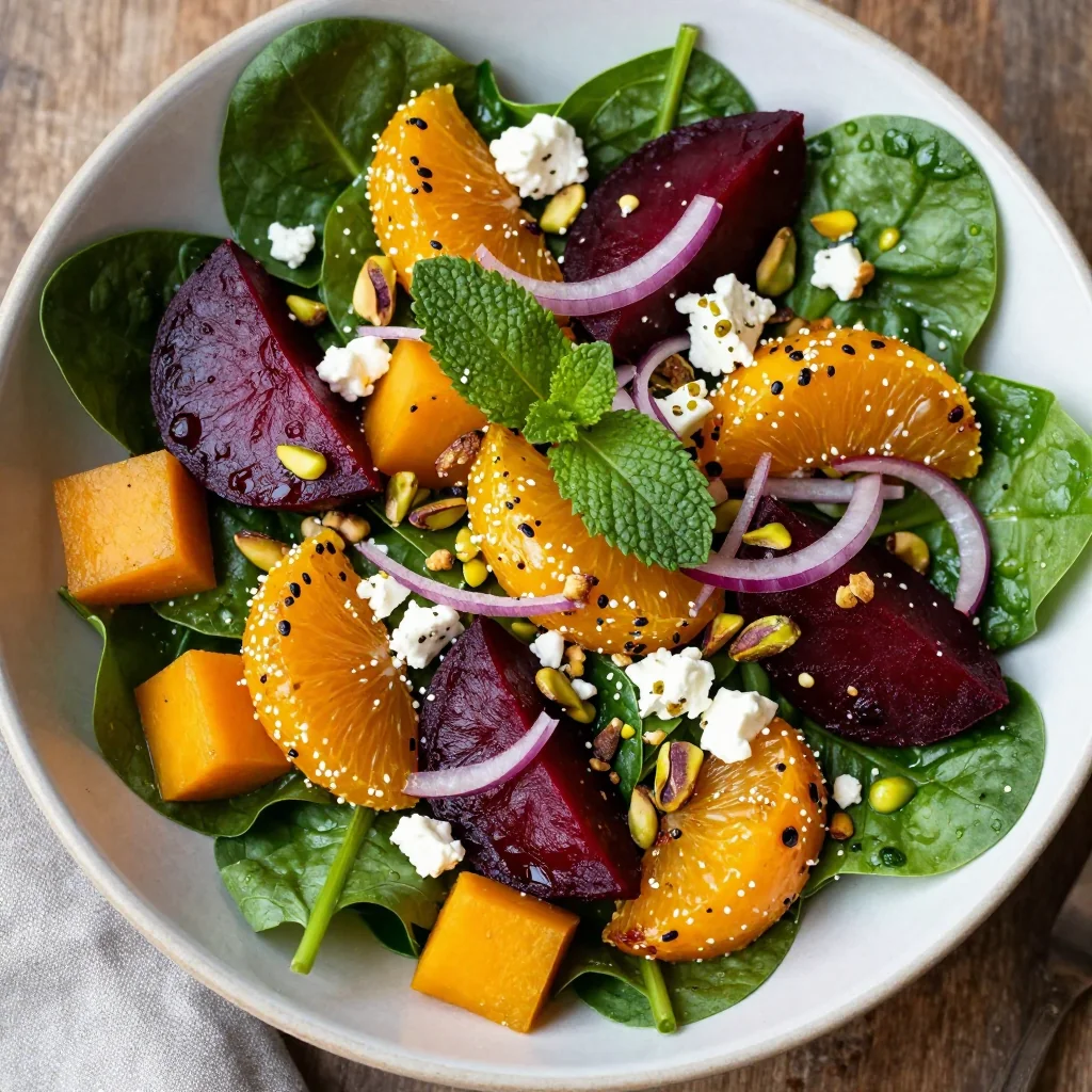 warm citrus and spinach salad with roasted beets and winter squash