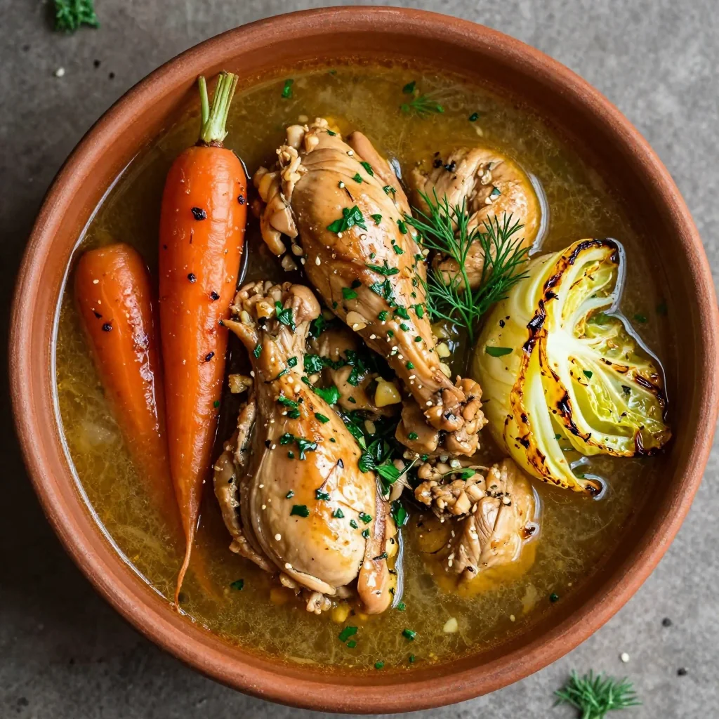 warm garlic and herb chicken stew with roasted carrots and cabbage