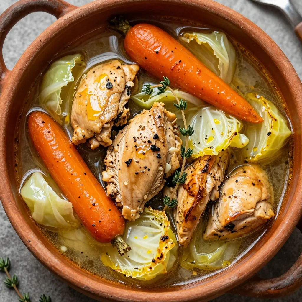 warm garlic and herb chicken stew with roasted carrots and cabbage