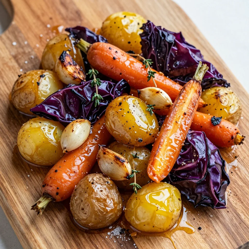 warm garlic roasted winter vegetables with potatoes and root veggies