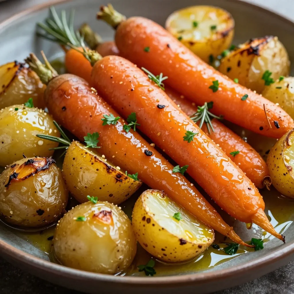 warm garlic roasted winter vegetables with potatoes and root veggies