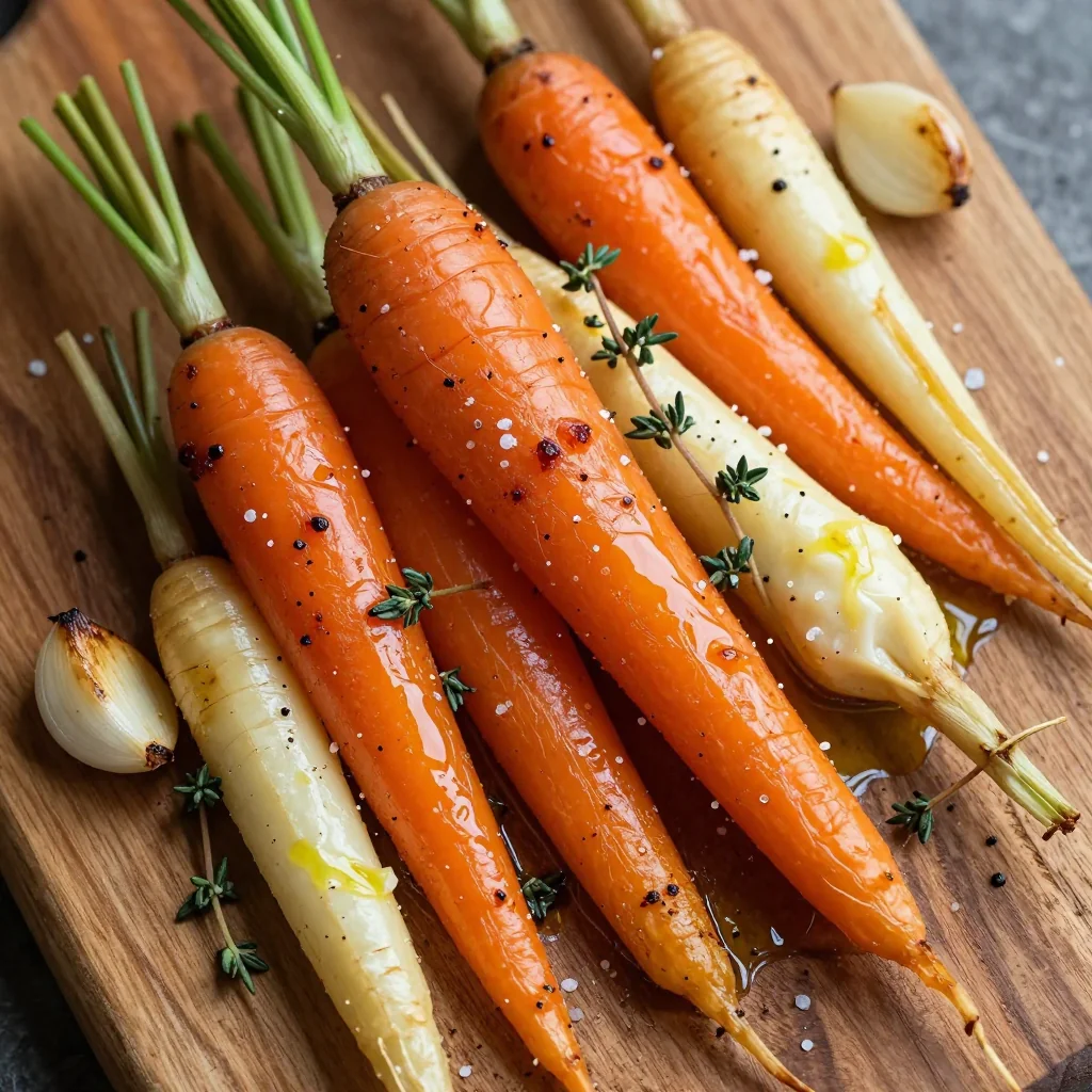 warm roasted parsnips and carrots with fresh thyme and garlic