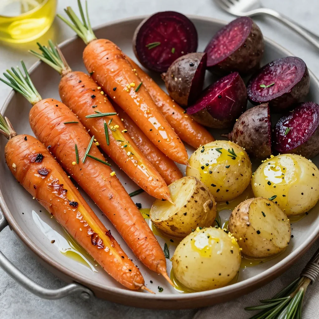 warm roasted root vegetables with lemon and rosemary for family dinners