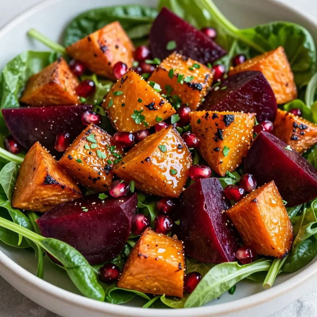 warm roasted sweet potato and beet salad with lemon and herbs for winter