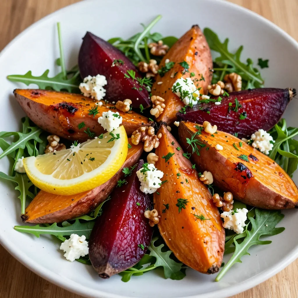 warm roasted sweet potato and beet salad with lemon and herbs for winter