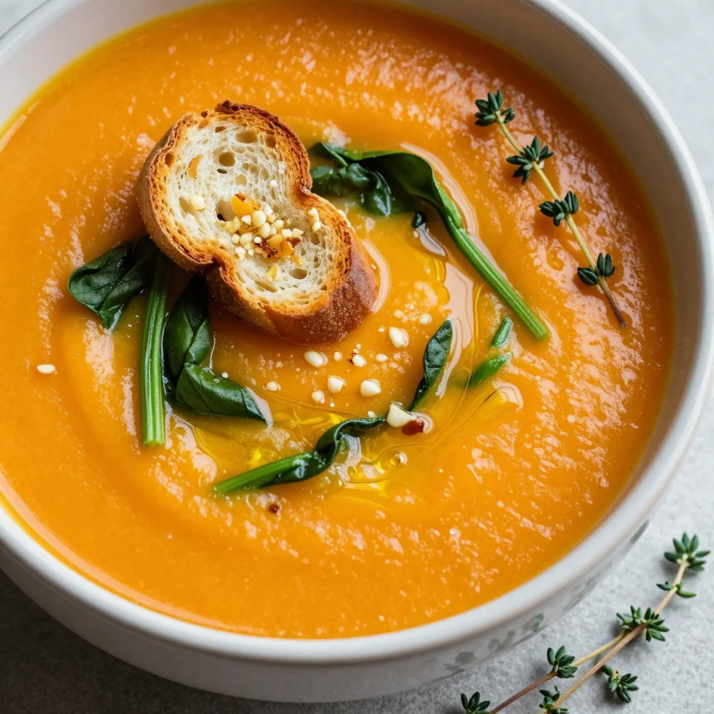 warm slow cooker sweet potato and spinach soup with garlic for winter