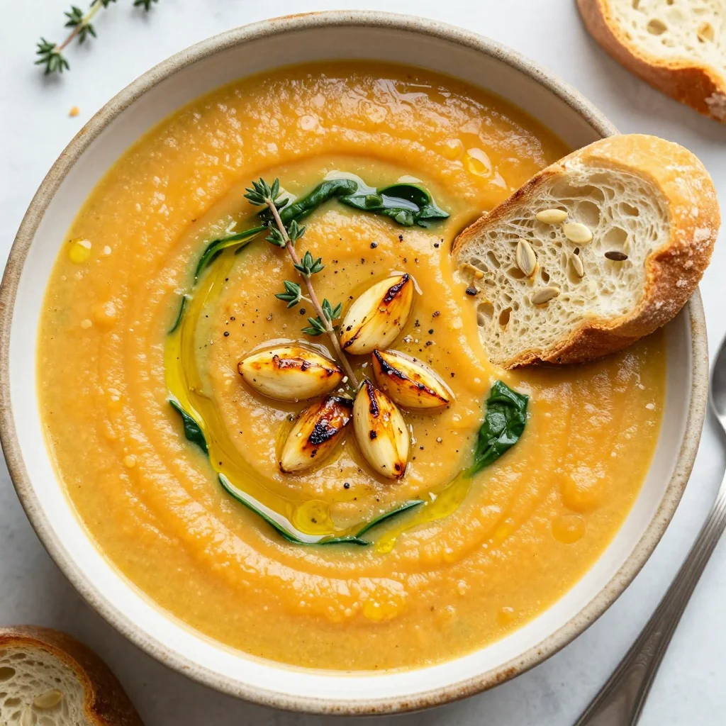warm slow cooker sweet potato and spinach soup with garlic for winter