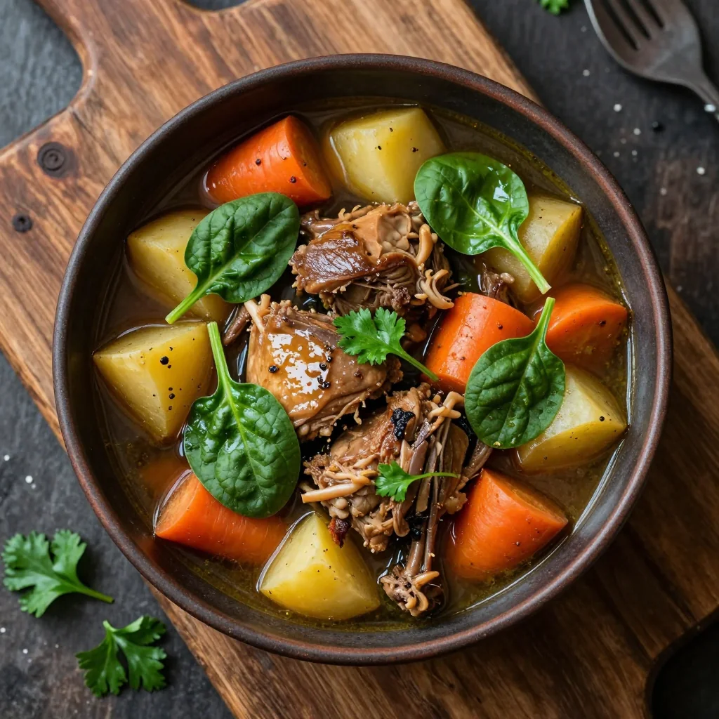 warm slow cooker turkey stew with spinach and root vegetables